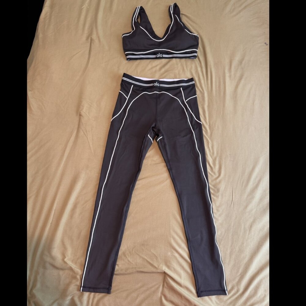 ALO Yoga Black Leggings and Sports Bra Set with White Piping